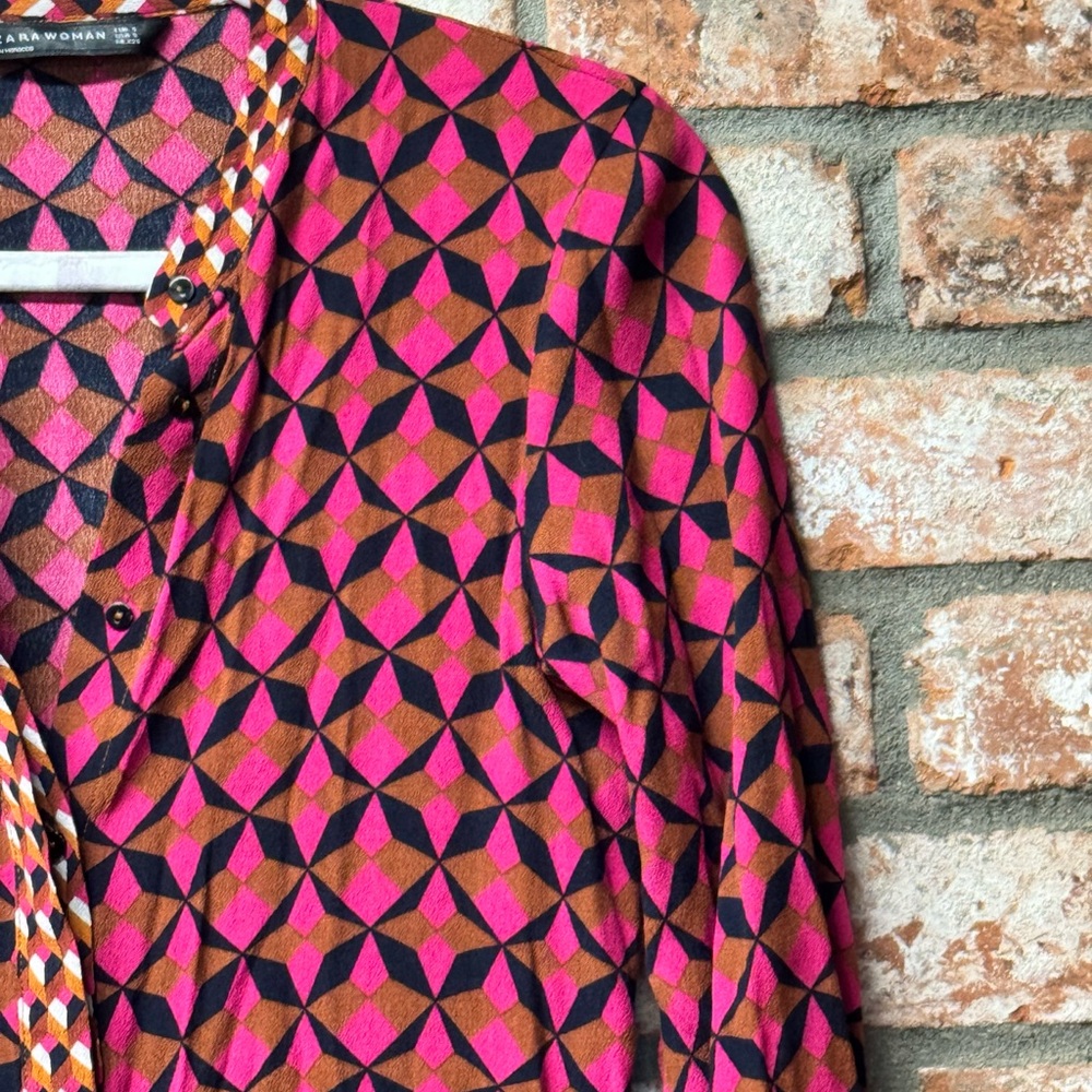 Zara Woman Long Sleeve Geometric Dress Shirt in Pink and Brown